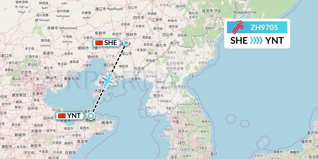ZH9705 Shenzhen Airlines Flight Map: Shenyang to Yantai
