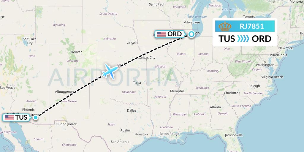 RJ7851 Royal Jordanian Flight Map: Tucson to Chicago