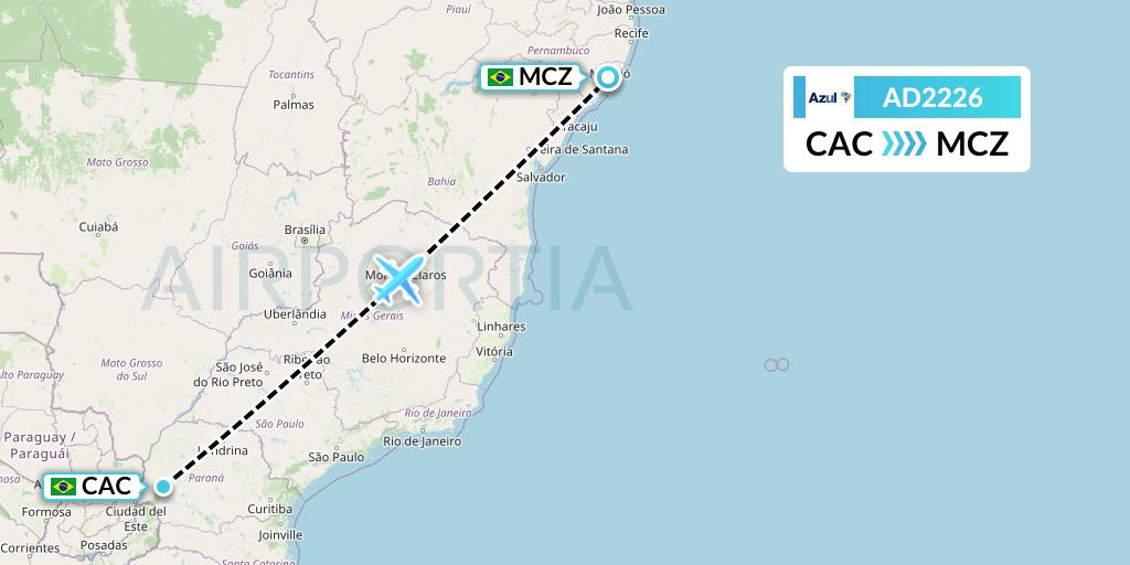 AD2226 Azul Brazilian Airlines Flight Map: Cascavel to Maceio
