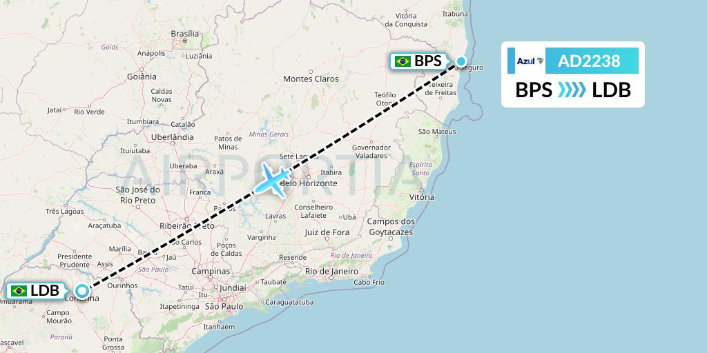 AD2238 Azul Brazilian Airlines Flight Map: Porto Seguro to Londrina