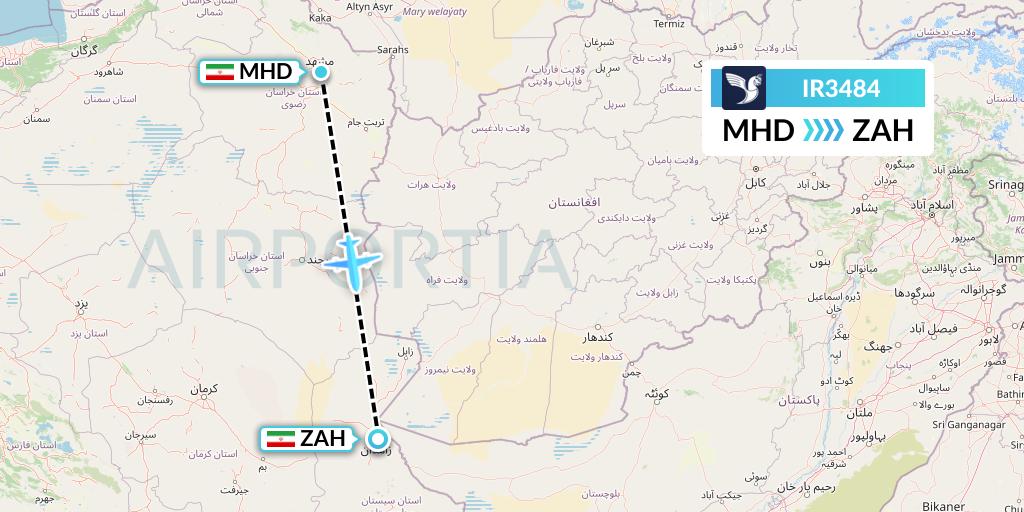 IR3484 Iran Air Flight Map: Mashhad to Zahedan