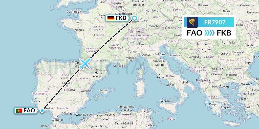 FR7907 Ryanair Flight Map: Faro to Karlsruhe/Baden-Baden