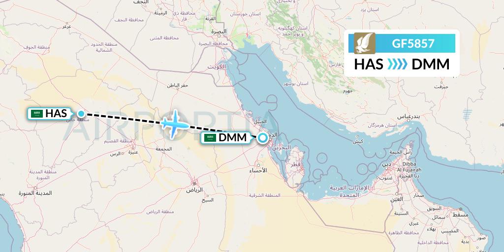 GF5857 Gulf Air Flight Map: Ha'il to Dammam