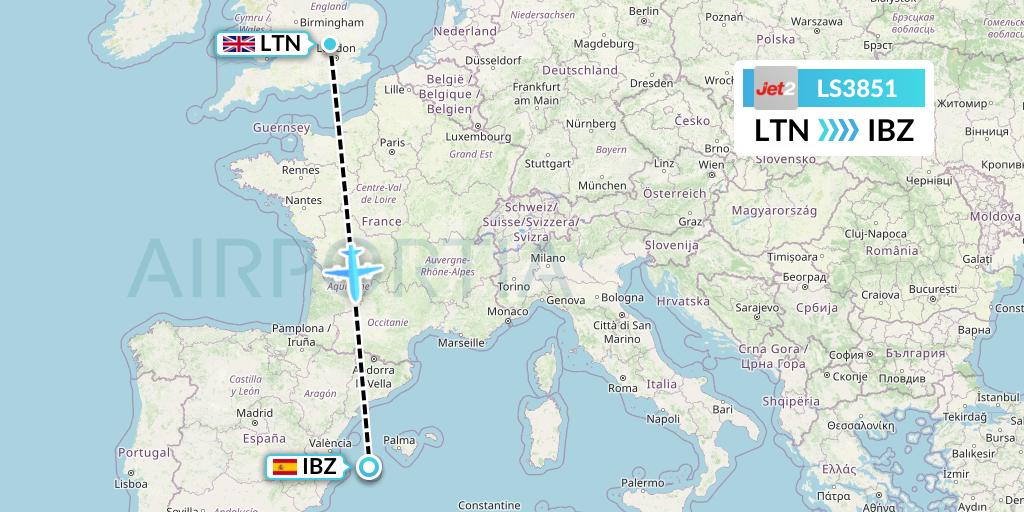 LS3851 Jet2 Flight Map: London to Ibiza