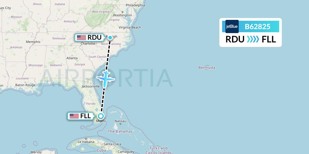 B62825 JetBlue Airways Flight Map: Raleigh-Durham to Fort Lauderdale