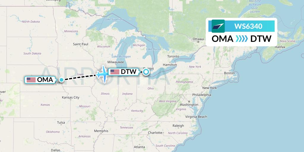 WS6340 WestJet Flight Map: Omaha to Detroit