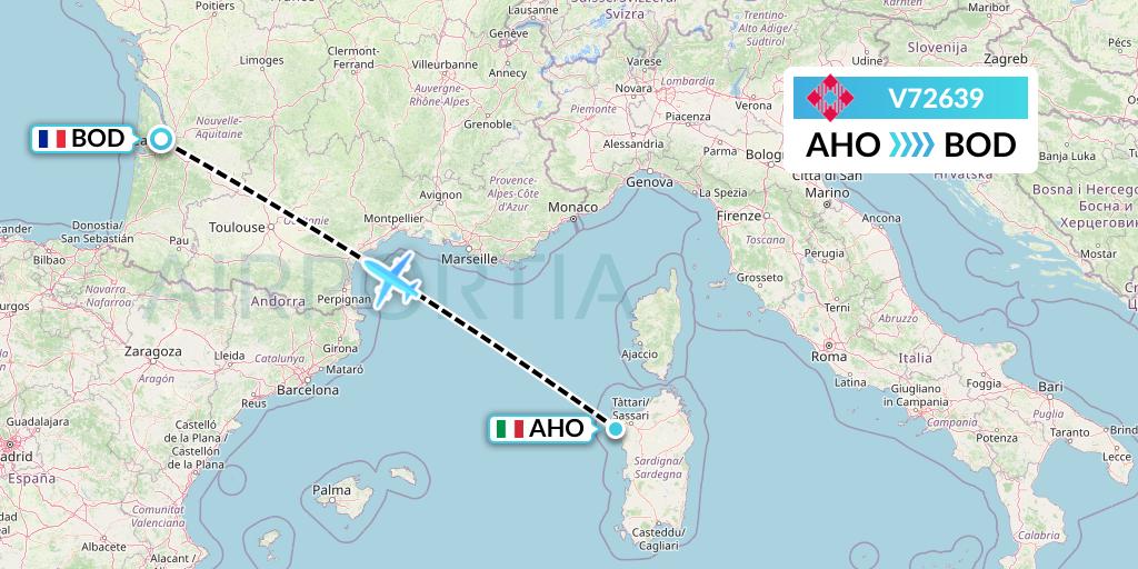V72639 Volotea Flight Map: Alghero to Bordeaux