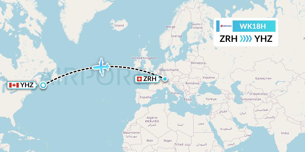 WK18H Edelweiss Air Flight Map: Zurich to Halifax