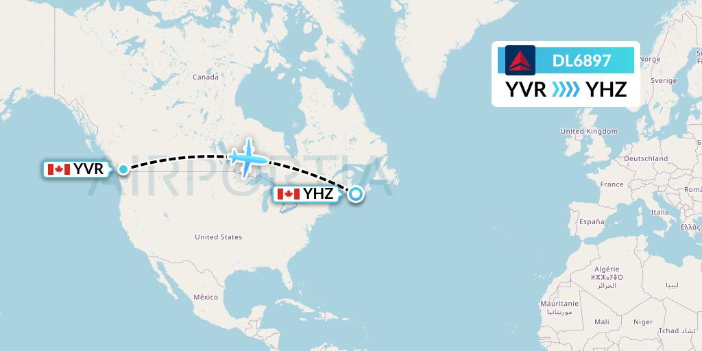 DL6897 Delta Air Lines Flight Map: Vancouver to Halifax