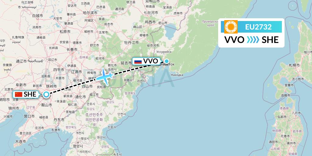 EU2732 Chengdu Airlines Flight Map: Vladivostok to Shenyang