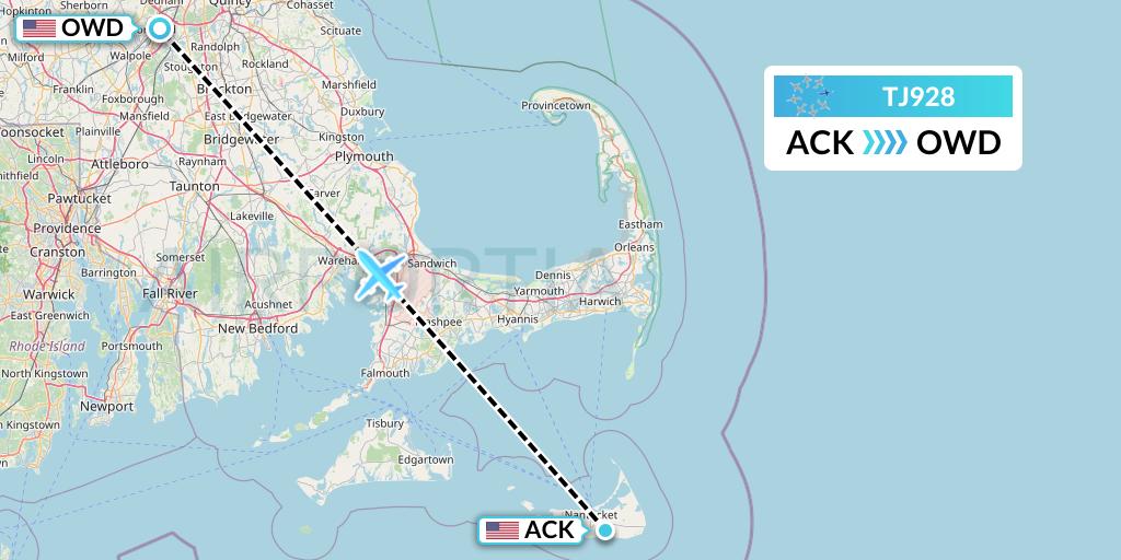 TJ928 Tradewind Aviation Flight Map: Nantucket to Norwood
