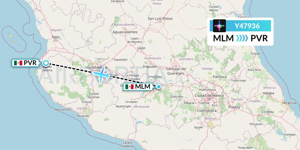 Y47936 Volaris Flight Map: Morelia to Puerto Vallarta
