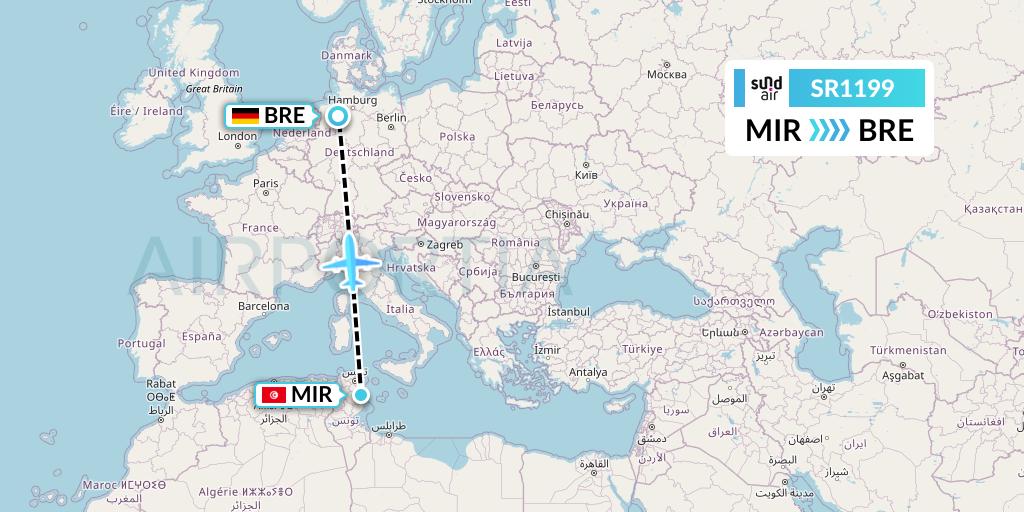 SR1199 SundAir Flight Map: Monastir to Bremen
