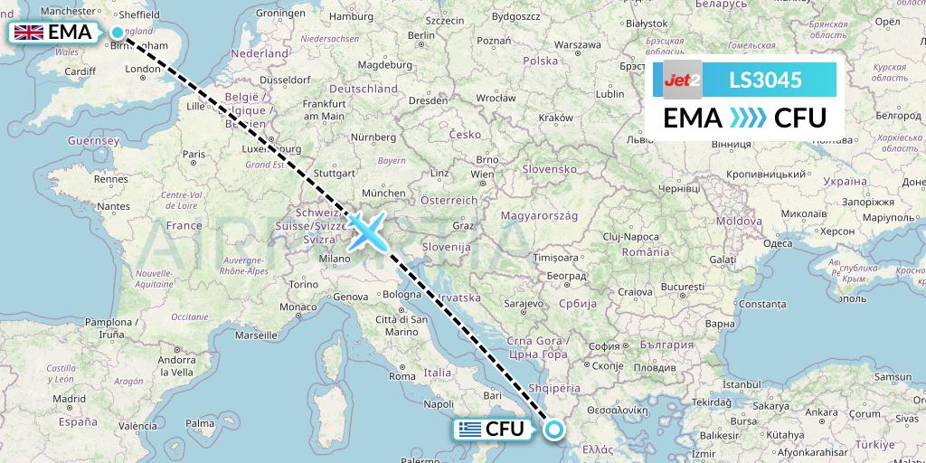 LS3045 Jet2 Flight Map: East Midlands to Corfu