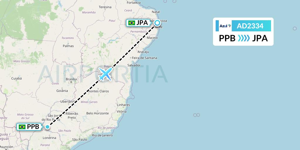 AD2334 Azul Brazilian Airlines Flight Map: Presidente Prudente to Joao Pessoa