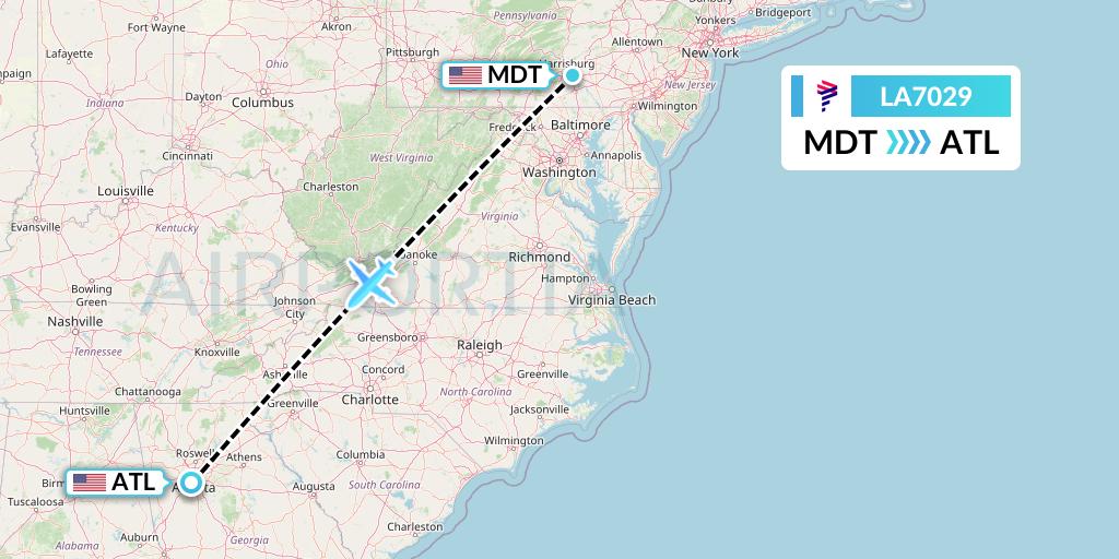 LA7029 LAN Airlines Flight Map: Harrisburg to Atlanta