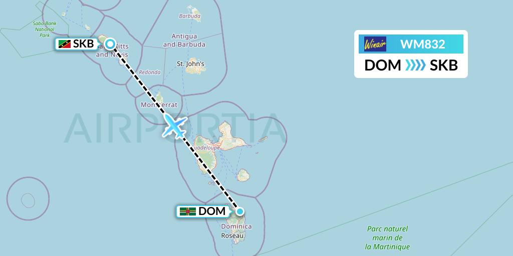 WM832 Winair Flight Map: Dominica to Basseterre