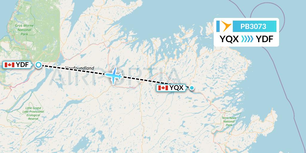 PB3073 PAL Airlines Flight Map: Gander to Deer Lake