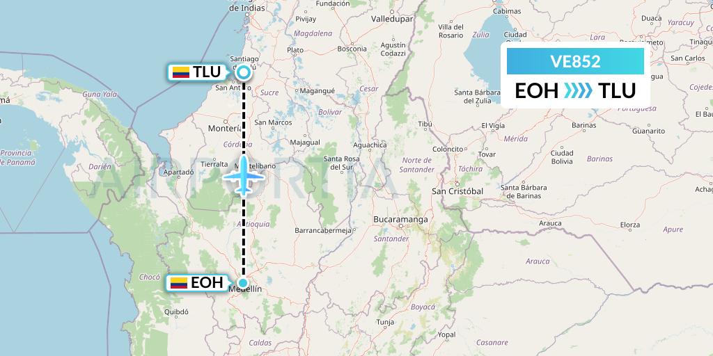 VE852 Easyfly Flight Map: Medellin to Tolu
