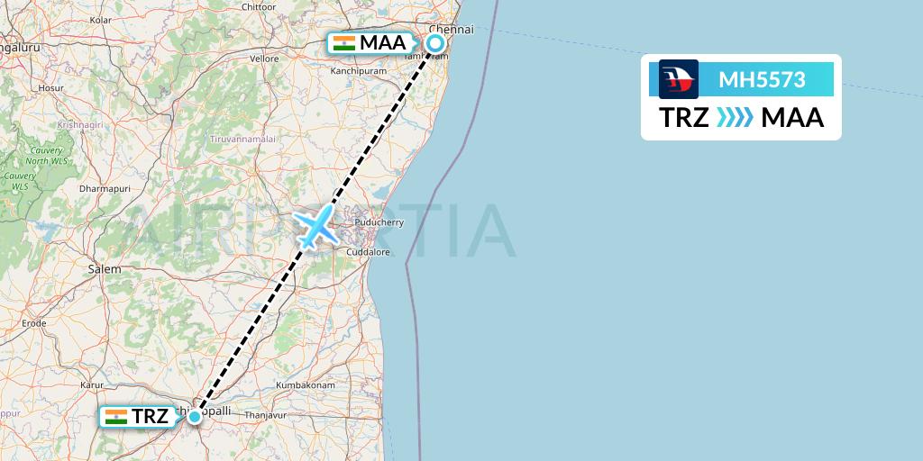MH5573 Malaysia Airlines Flight Map: Tiruchirapalli to Chennai