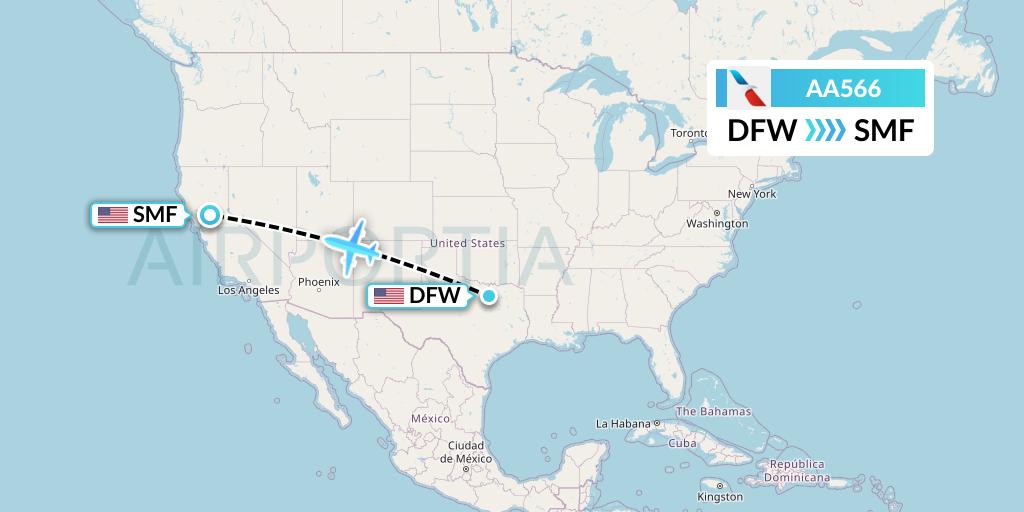 AA566 American Airlines Flight Map: Dallas to Sacramento