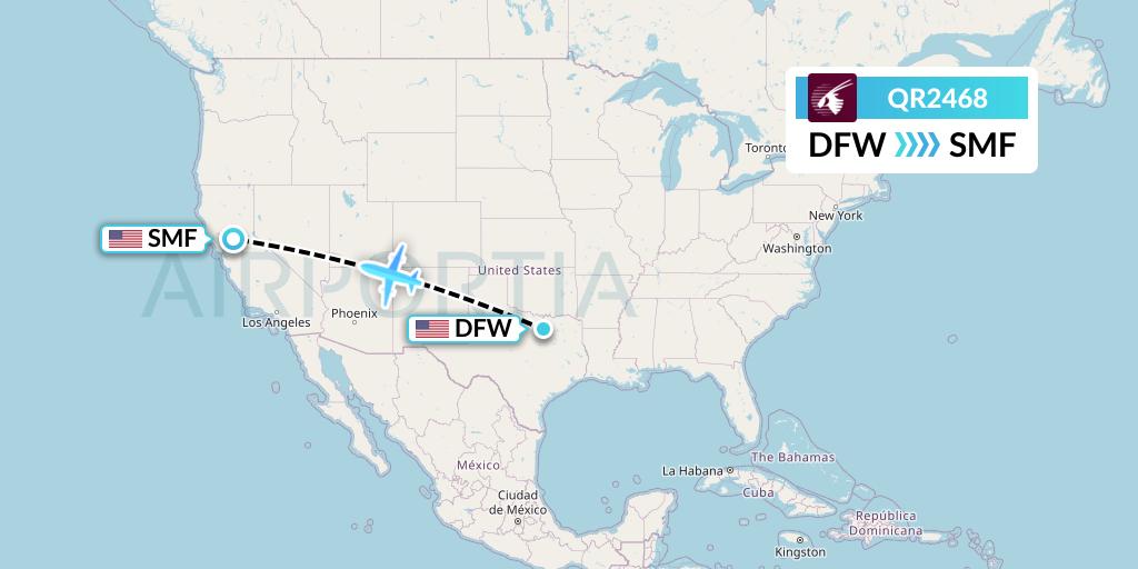 QR2468 Qatar Airways Flight Map: Dallas to Sacramento