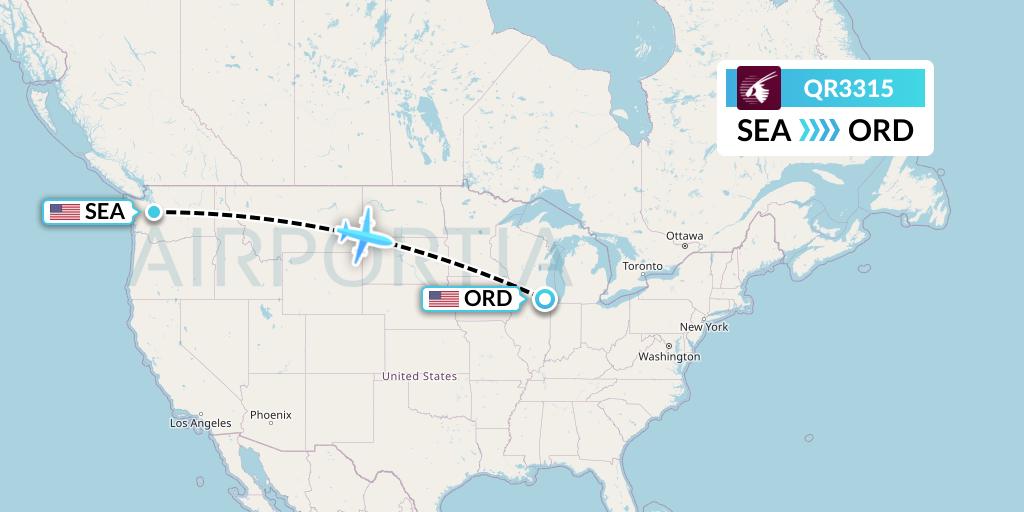 QR3315 Qatar Airways Flight Map: Seattle to Chicago