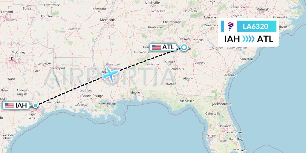 LA6320 LAN Airlines Flight Map: Houston to Atlanta