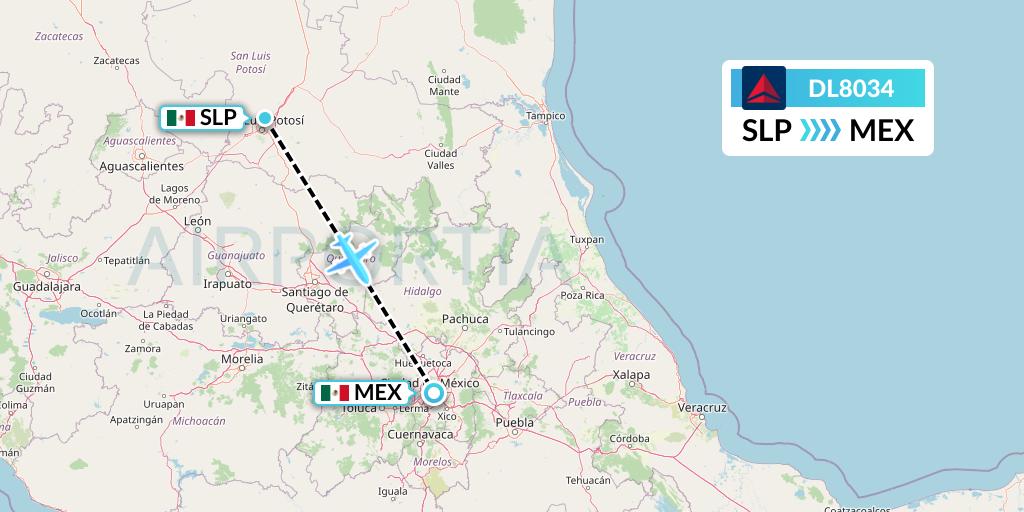 DL8034 Delta Air Lines Flight Map: San Luis Potosi to Mexico City