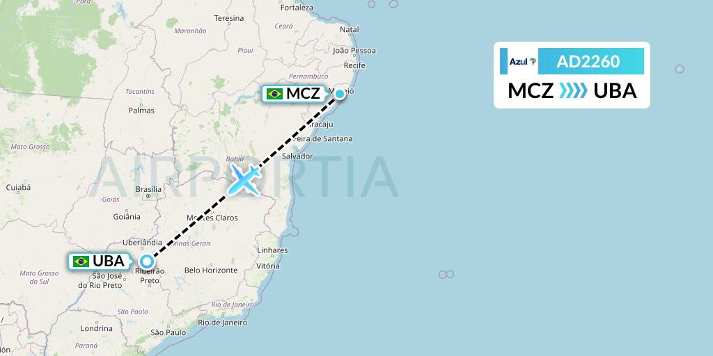 AD2260 Azul Brazilian Airlines Flight Map: Maceio to Uberaba
