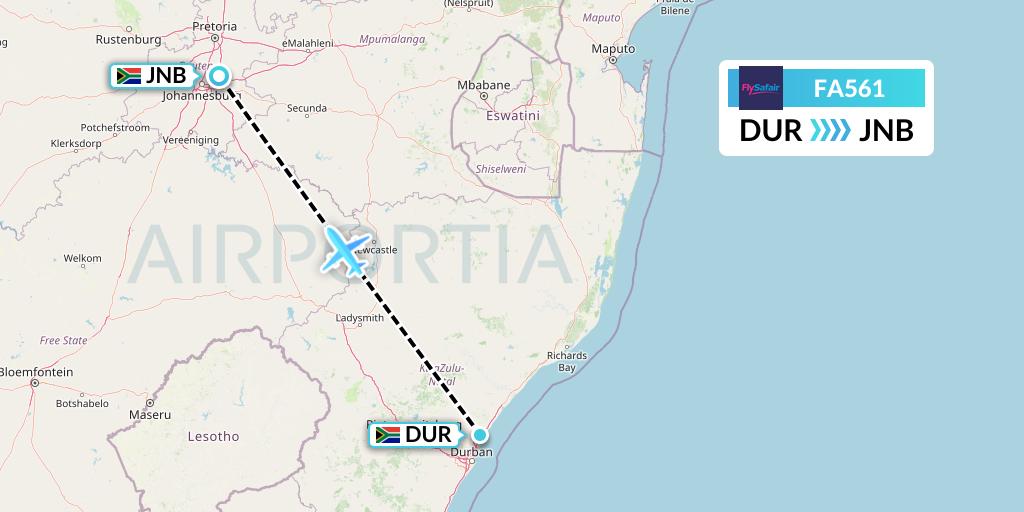 FA561 Safair Flight Map: Durban to Johannesburg