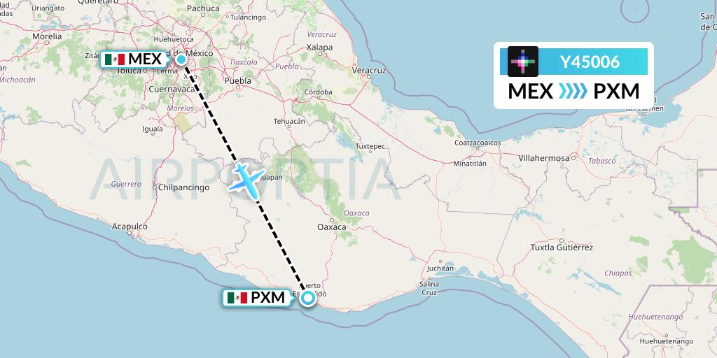 Y45006 Volaris Flight Map: Mexico City to Puerto Escondido