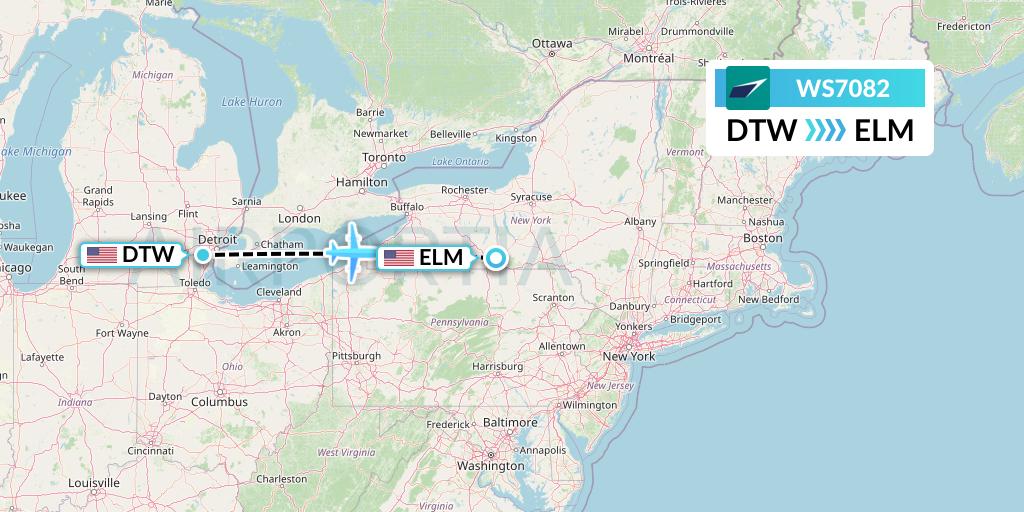 WS7082 WestJet Flight Map: Detroit to Elmira