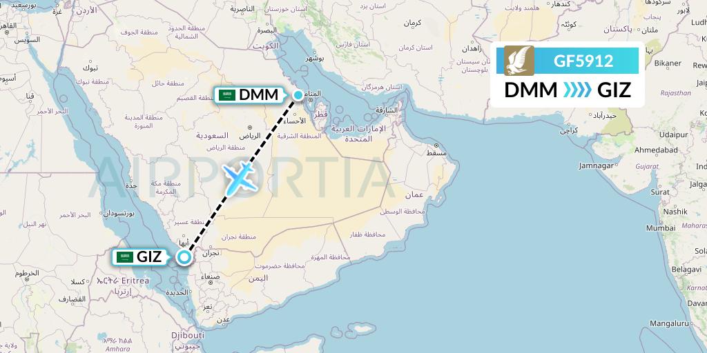GF5912 Gulf Air Flight Map: Dammam to Jizan