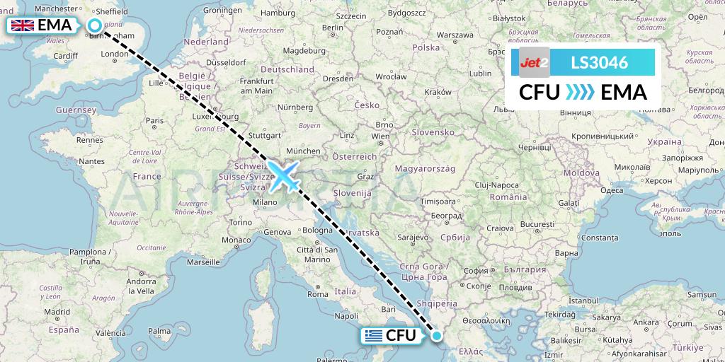 LS3046 Jet2 Flight Map: Corfu to East Midlands