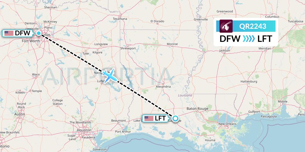QR2243 Qatar Airways Flight Map: Dallas to Lafayette