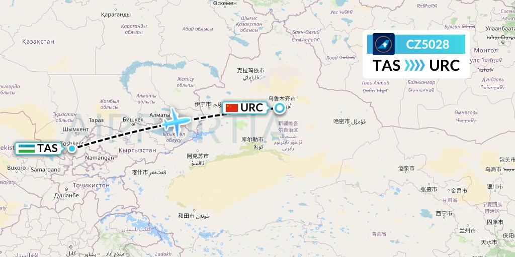 CZ5028 China Southern Airlines Flight Map: Tashkent to Urumqi