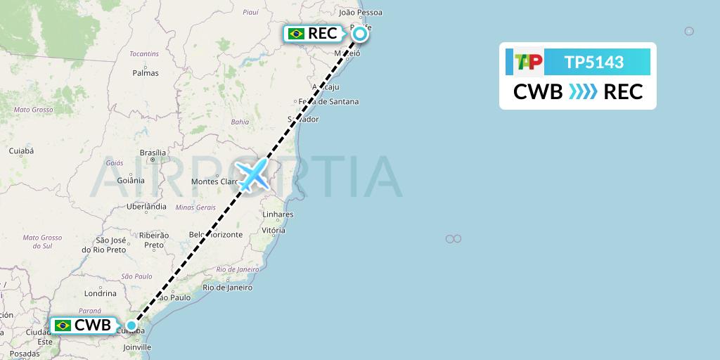 TP5143 TAP Portugal Flight Map: Curitiba to Recife