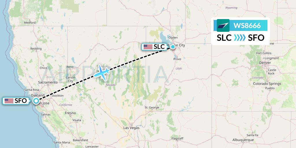 WS8666 WestJet Flight Map: Salt Lake City to San Francisco
