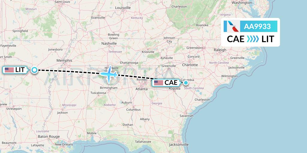 AA9933 American Airlines Flight Map: Columbia to Little Rock