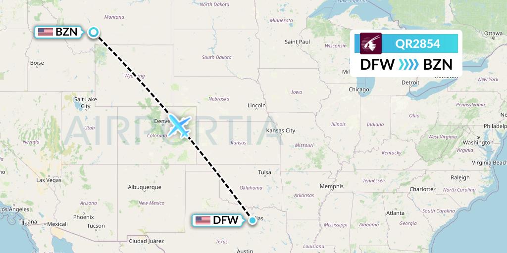 QR2854 Qatar Airways Flight Map: Dallas to Bozeman