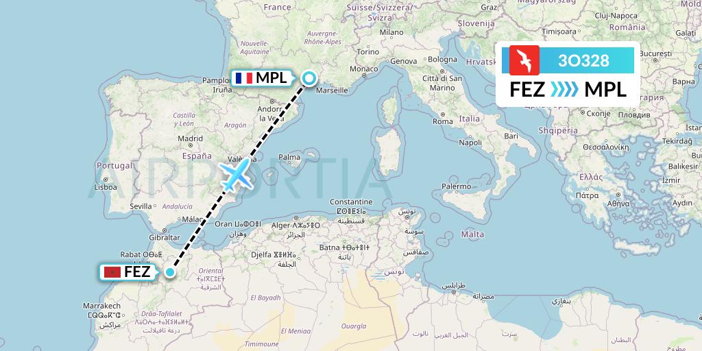 3O328 Air Arabia Maroc Flight Map: Fes to Montpellier