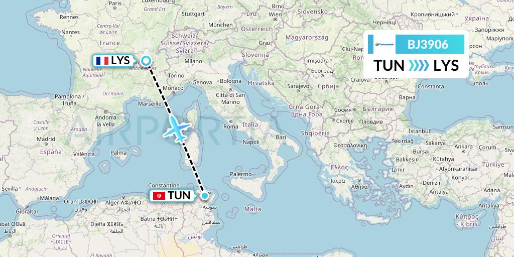 BJ3906 Nouvelair Tunisie Flight Map: Tunis to Lyon
