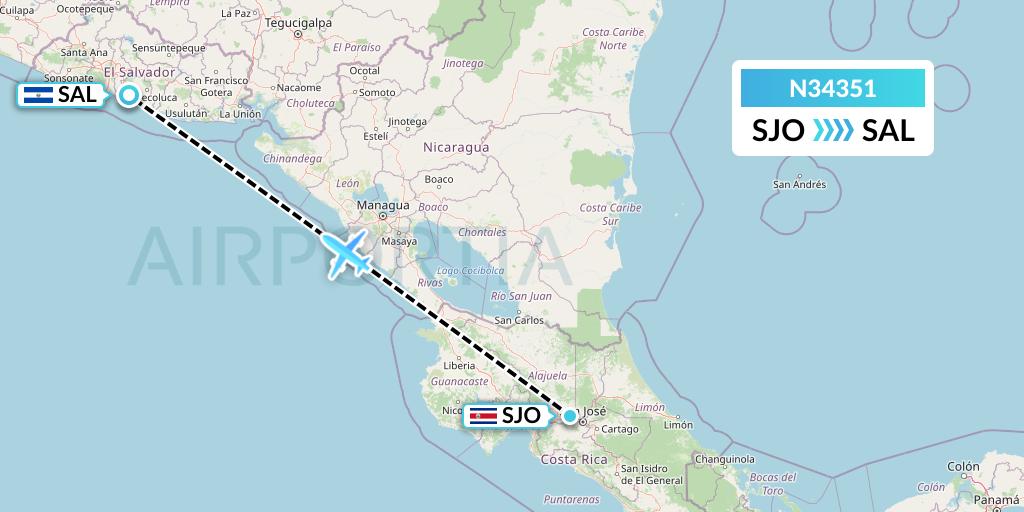 N34351 Vuela El Salvador Flight Map: San Jose to San Salvador