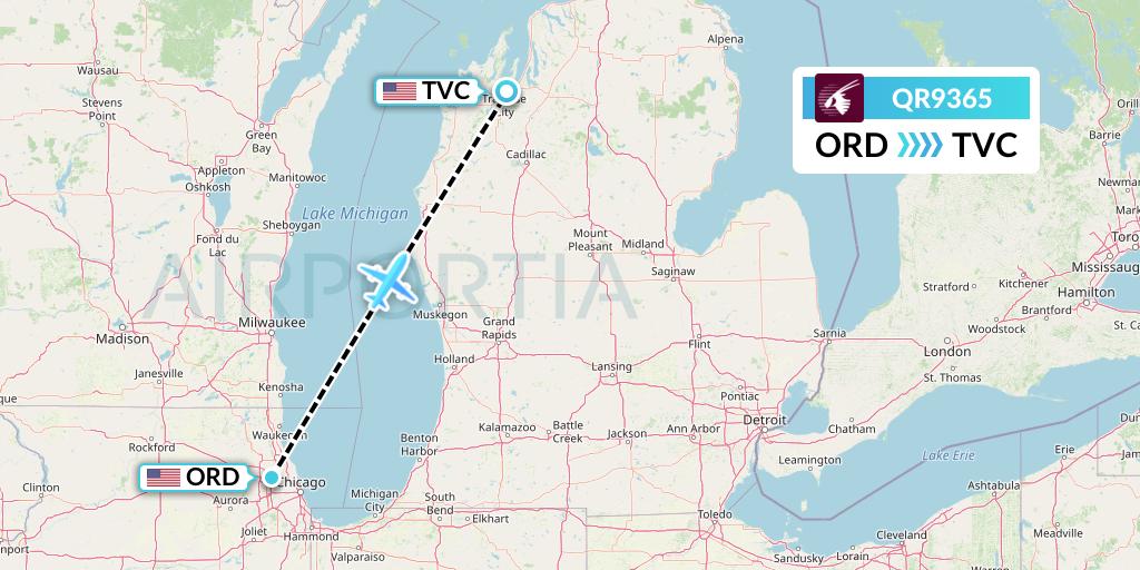 QR9365 Qatar Airways Flight Map: Chicago to Traverse City