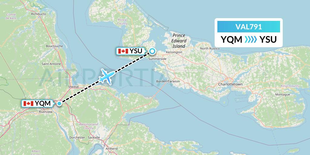 VAL791 Voyageur Airlines Flight Map: Moncton to Summerside