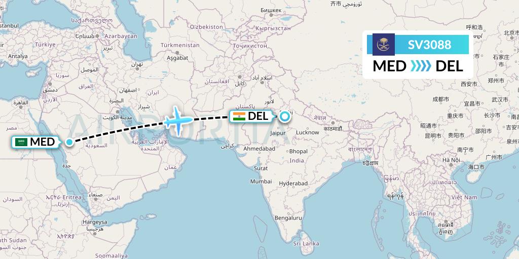 SV3088 Saudi Arabian Airlines Flight Map: Medina to Delhi