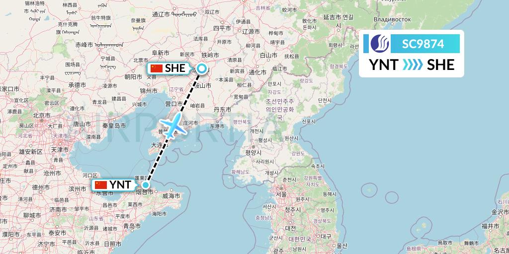 SC9874 Shandong Airlines Flight Map: Yantai to Shenyang