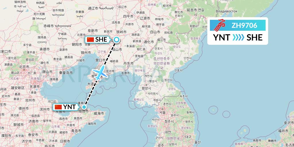 ZH9706 Shenzhen Airlines Flight Map: Yantai to Shenyang
