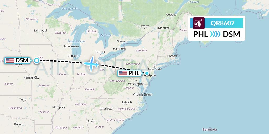 QR8607 Qatar Airways Flight Map: Philadelphia to Des Moines